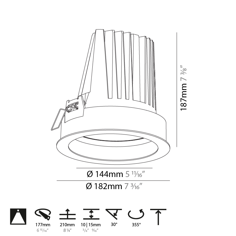 Mechaniq Round Comfort by Prolicht – 7 3/16″ x 7 3/8″ Recessed, Downlight offers LED lighting solutions | Zaneen Architectural / Line art