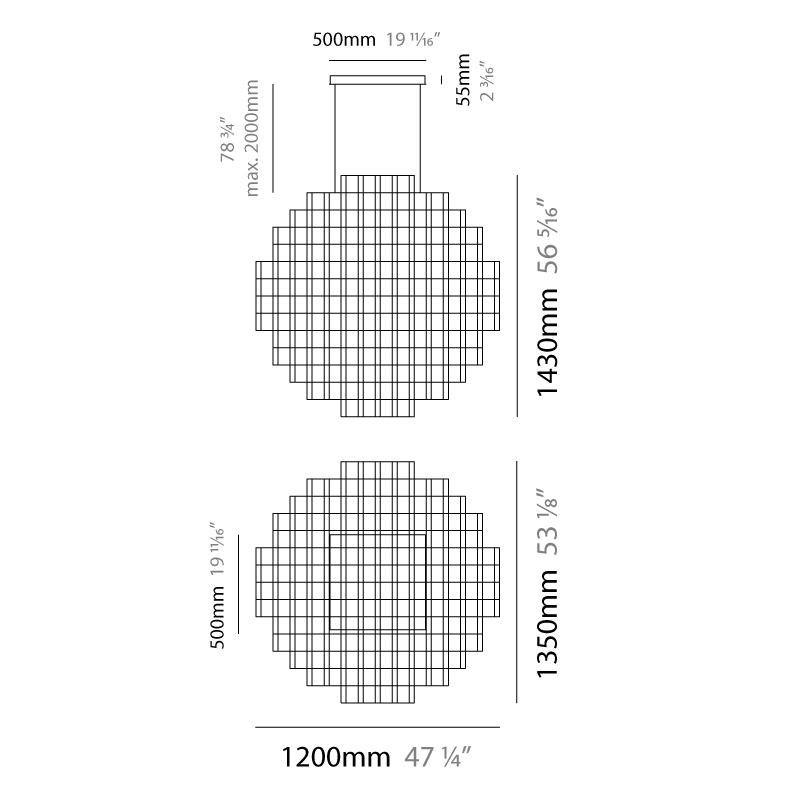 Pixel Sphere by Quasar – 53 1/8″ x 56 5/16″ Suspension, Chandelier offers quality European interior lighting design | Zaneen Design